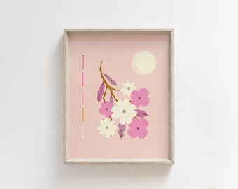 Mid Century Modern Inspired Japanese Art Print Asian Wall Art Dogwood Flowers and Moon Spring Floral Botanical Illustration