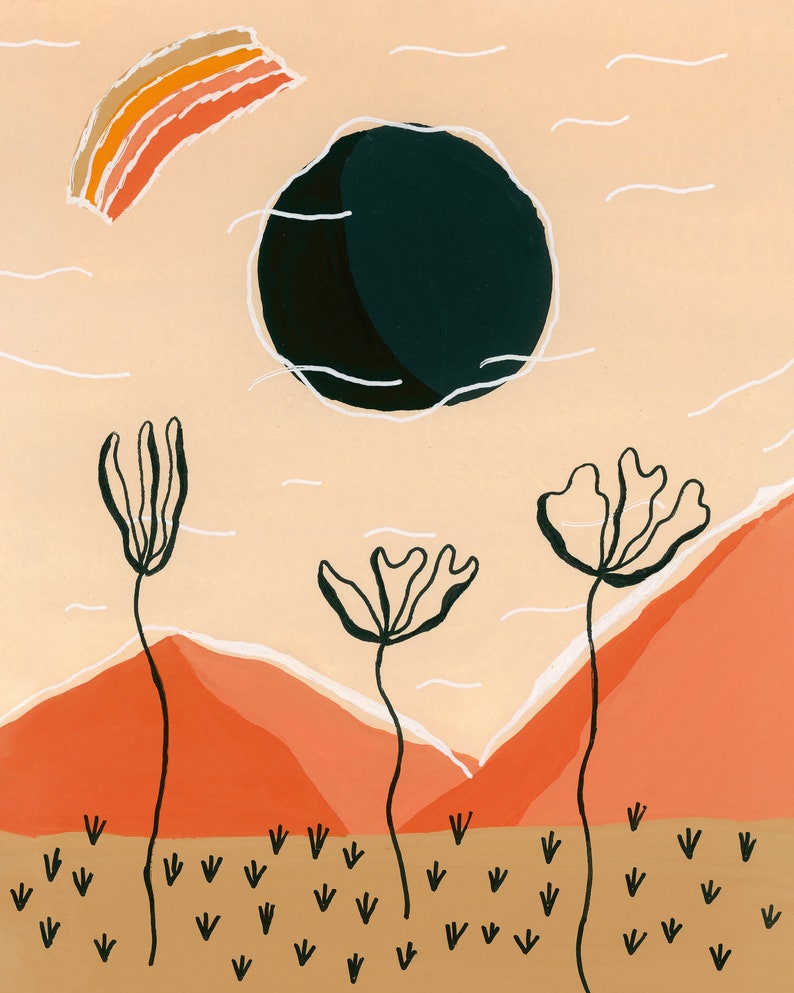 Mid Century Desert Art Print 8 x 10 Eclipse Black Sun Flowers Night Illustration Retro Inspired Modern Western Moab image 2