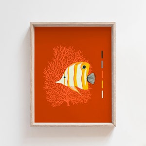 Tropical Fish Art Print Butterfly Fish Aquarium Mid Century Modern Wall Decor Coral Reef image 1