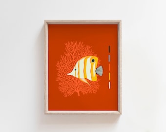 Tropical Fish Art Print Butterfly Fish Aquarium Mid Century Modern Wall Decor Coral Reef