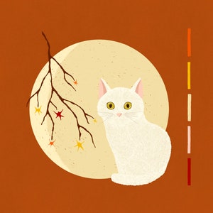 Fall Wall Decor White Cat Art Print Kitten and Moon Japandi Vintage Fall Wall Art image 2