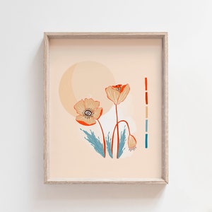 Mid Century Poppy Flower Art Print 8 x 10 Sun Flowers Illustration Retro Inspired Modern Western Moab