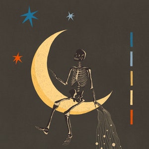 Spooky Season Skeleton on Moon Original Art Print Gothic Skeleton Art Vintage Halloween Decor image 2