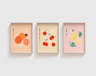 Modern Minimal Summer Fruit Mini Print Set of 3 4x6 Cherries Oranges and Lemons Gift For Mom