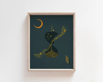 Surreal Constellation Art Print, Hourglass Art, Surrealist wall art, Crescent Moon print, Fantasy Art Print, Cosmic Wall Art, Cosmic Decor