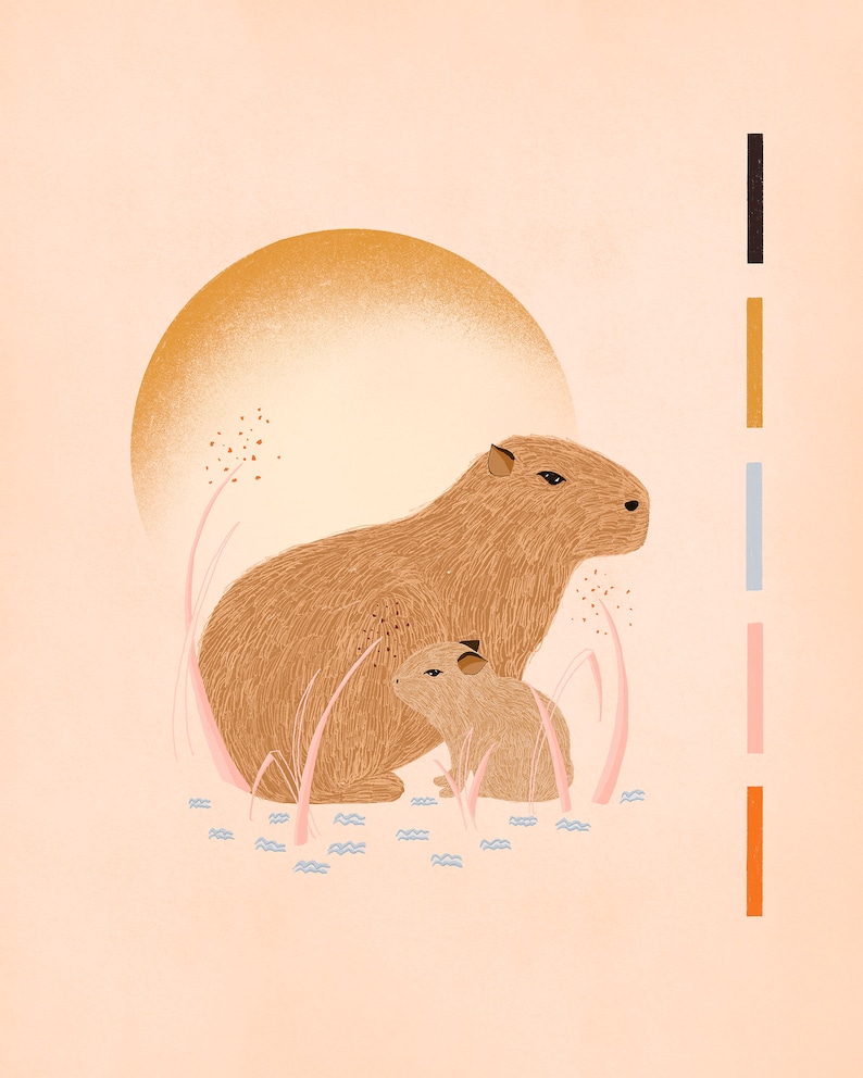 Capybara Print Mothers Day Gift Mom and Baby Nature Illustration Gift For New Mom Modern Nursery Decor image 2