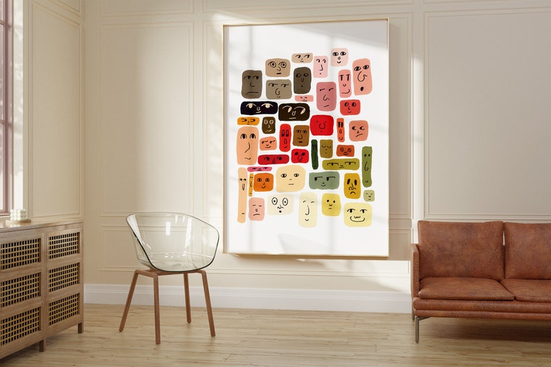 Mid Century Modern Colorful Bohemian Art Print Abstract Faces Color Swatches Aesthetic Room Decor Eclectic image 4