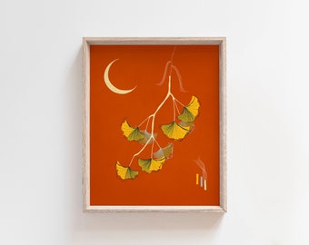 Mid Century Modern Inspired Japanese Art Print Asian Wall Art Ginkgo Leaves and Moon Illustration