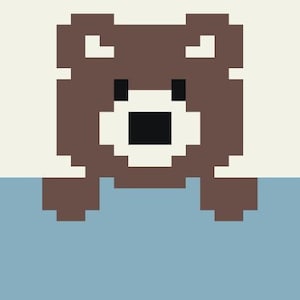 May include: A pixelated brown bear with white eyes and a black nose, looking straight ahead. The bear is partially submerged in a light blue background.