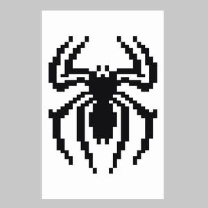 May include: A black pixelated spider design on a white background. The spider has a detailed body and eight legs, all rendered in a blocky, digital style. The artwork is a graphic representation of a spider.