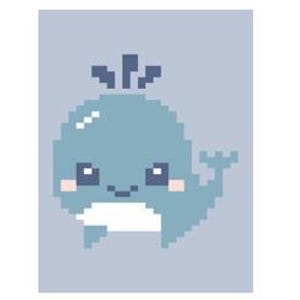 May include: A blue whale with a white belly and a happy expression. The whale has a small, white fin on its back and a large, white tail fin. The whale is on a light blue background.