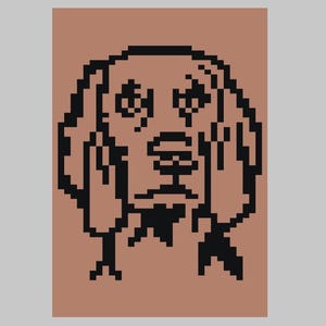 May include: Pixelated illustration of a dog's face in black against a brown background. The dog's features are simplified into blocky shapes, creating a retro, digital aesthetic. The dog's ears are long and floppy, and its eyes are detailed.