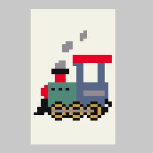 May include: A colourful pixel art illustration of a toy train. The train has a red roof, a blue body, and a green front. The wheels are yellow, and smoke rises from the smokestack. The background is off-white.