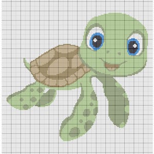 May include: A cartoon illustration of a green sea turtle with a brown shell, blue eyes, and a smiling expression. The turtle is depicted with its flippers extended, set against a grid background.