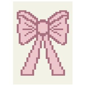 May include: A pink pixelated bow with a center circle. The bow is tied with two long tails.