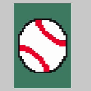 May include: A pixelated baseball illustration. The baseball is white with red stitching and a black outline. The background is a solid dark green, set against a light gray backdrop.