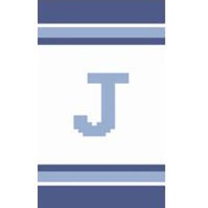 May include: A white towel with blue stripes and a large blue letter "J" in the center.