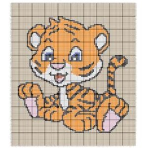 Pode incluir: Uma ilustração de desenho animado de um filhote de tigre laranja e preto com olhos azuis. O tigre está sentado sobre suas patas traseiras com as patas dianteiras levantadas. O fundo é uma grade marrom claro.