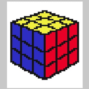 May include: A pixelated 3D cube with a yellow top, blue and red sides, and black lines.