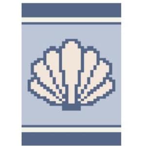 May include: A light blue and white striped background with a white seashell in the center. The seashell has a light beige color and is made up of multiple layers.