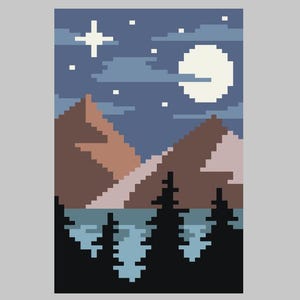 May include: A pixel art landscape illustration featuring a night scene with brown mountains, a light blue lake, and black silhouettes of pine trees in the foreground. The sky is dark blue with a white moon, a bright four-pointed star, and small white stars.