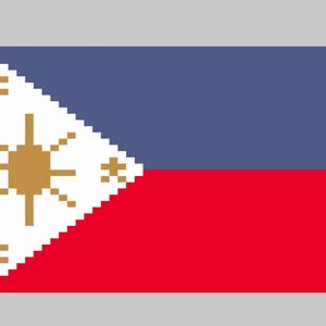 May include: Pixelated representation of the Philippine flag. The design features a blue upper section, a red lower section, and a white triangle on the left side. Within the triangle is a gold sun with eight rays and three gold stars.