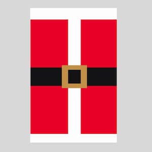 May include: A festive design featuring a red background with white vertical and horizontal stripes, resembling Santa Claus's suit. A black belt with a gold buckle is centered horizontally. The design is simple and graphic, perfect for holiday-themed products.