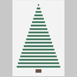 May include: A graphic illustration of a Christmas tree formed by a series of horizontal green bars of varying lengths, arranged in a triangular shape. At the base of the tree, there is a single small brown rectangle representing the tree trunk.