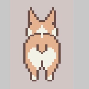 May include: Pixelated illustration of a corgi dog's rear end, viewed from behind. The design features shades of brown, tan, and white, with a light gray background. The dog's ears and tail are visible.