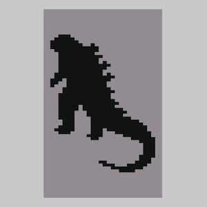 May include: Black silhouette of a Godzilla-like monster on a gray background.