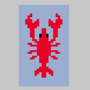 Puede incluir: Un diseño de langosta roja pixelada sobre un fondo azul claro. La langosta tiene grandes pinzas y un cuerpo segmentado, con ojos negros. El diseño es simple y gráfico, que recuerda al arte de los videojuegos retro.