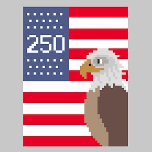 May include: Pixelated image of an American flag with a bald eagle. The flag has red and white stripes and a blue field with white stars. The number "250" is in white. The eagle is brown, white, and tan.