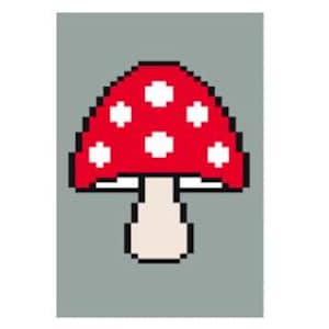 Può includere: Un fungo rosso e bianco con macchie bianche sul cappello e un gambo bianco. Il fungo è su uno sfondo grigio.