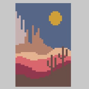 May include: A pixel art landscape with a sunset over a desert scene. The sky is blue with a yellow sun. The desert is a mix of brown, red, and orange colors. There are tall, thin cacti in the foreground.
