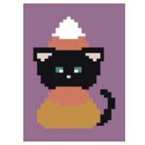 May include: A black cat wearing a candy corn costume. The cat is sitting on a purple background.