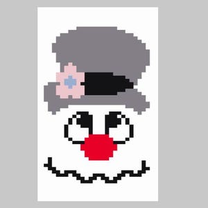 Puede incluir: Una ilustración de arte de píxeles de un muñeco de nieve con un sombrero gris con una flor rosa y una nariz roja.