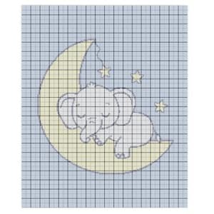 May include: A gray elephant is sleeping on a yellow crescent moon with three white stars. The moon is hanging from a string with a white star at the end.