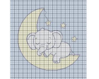 May include: A gray elephant is sleeping on a yellow crescent moon with three white stars. The moon is hanging from a string with a white star at the end.