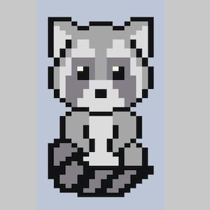 May include: Pixel art illustration of a raccoon in shades of gray and black, sitting on a light blue background. The raccoon has a distinctive mask-like pattern around its eyes and a bushy tail. The artwork is in a retro, 8-bit style.