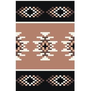 May include: Geometric pattern in shades of brown, black, and white. The design features repeating shapes, including diamond and star-like motifs. The pattern is symmetrical and has a pixelated appearance, creating a textured effect. The overall aesthetic is modern and abstract.