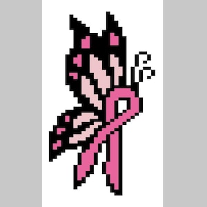 Puede incluir: Ilustración pixelada de una mariposa en negro, rosa y blanco. Las alas de la mariposa presentan segmentos rosas y negros. Una cinta rosa, símbolo de la concienciación sobre el cáncer de mama, está integrada en el diseño. La obra está sobre fondo blanco.