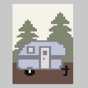 May include: Pixelated illustration of a light blue camper with a white door and window, set against a backdrop of two green pixelated pine trees. The camper sits on brown ground, with a black wheel and hitch.
