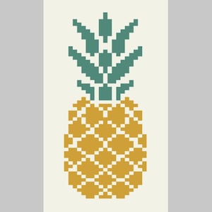May include: A pixelated illustration of a pineapple with a yellow body and green leaves.