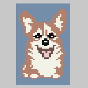 May include: Pixelated illustration of a smiling corgi dog with brown and white fur, a pink tongue, and black eyes. The dog is set against a light blue background.