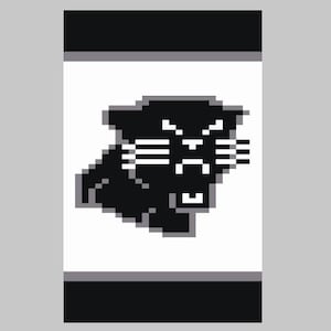 May include: A pixelated black panther logo on a white background, framed by black and gray horizontal bars. The panther is depicted in a blocky, retro style, with white details for the eyes, whiskers, and teeth. The design is simple and bold.