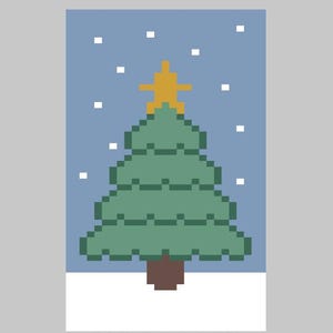 Pode incluir: Ilustração pixelizada de uma árvore de Natal. A árvore verde tem um tronco castanho, encimada por uma estrela dourada, sobre um fundo azul com flocos de neve brancos. Uma camada de neve branca na parte inferior.