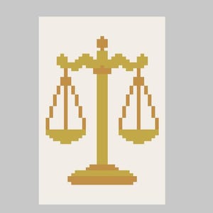 May include: Pixelated illustration of the Scales of Justice in shades of gold and tan. The scales are centered on a cream-colored background, with a gray border. The design is reminiscent of a retro video game.