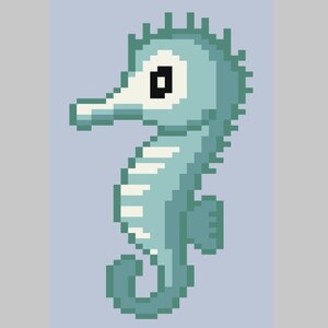 Peut inclure: Illustration pixelisée d'un hippocampe dans des tons de bleu sarcelle et de blanc sur fond bleu clair. L'hippocampe est représenté de profil, avec un corps incurvé et une nageoire détaillée. L'œuvre a une esthétique rétro de jeu vidéo 8 bits.