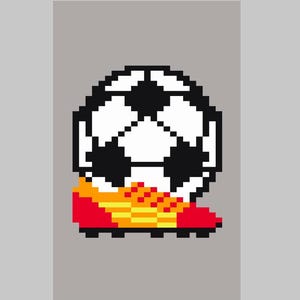 May include: Pixelated illustration of a soccer ball in black and white atop a red and yellow soccer cleat. The image has a retro video game aesthetic, set against a gray background. The soccer ball is the focal point.
