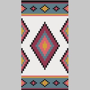 Puede incluir: Alfombra rectangular con diseño pixelado. El centro blanco presenta un gran patrón de diamantes en rojo, rosa y azul. Los bordes son turquesa con formas geométricas amarillas y negras. El diseño recuerda al arte tribal.